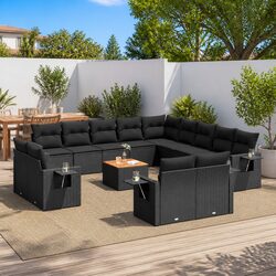 Sturdy 14-Piece Black Poly Rattan Garden Sofa Set