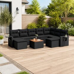 10-Piece Black Poly Rattan Garden Sofa Set with Cushions