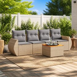 5-Piece Beige Poly Rattan Garden Sofa Set with Storage