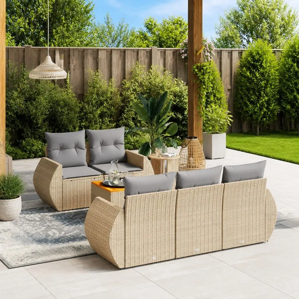 6-Piece Beige Garden Sofa Set with Cushions and Storage