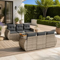 7-Piece Grey Poly Rattan Garden Sofa Set