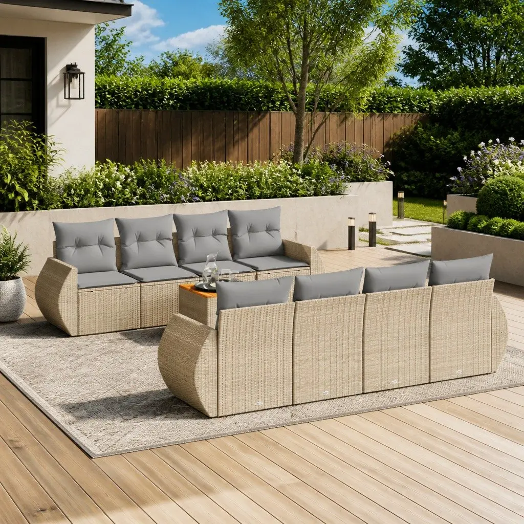Garden Sofa Set PE Poly Rattan 9 Piece Outdoor Furniture Beige Patio Lounge Seating