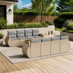 9-Piece Beige Outdoor Garden Sofa Set with Acacia Table