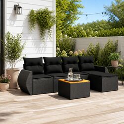 6-Piece Black Poly Rattan Garden Sofa Set with Storage