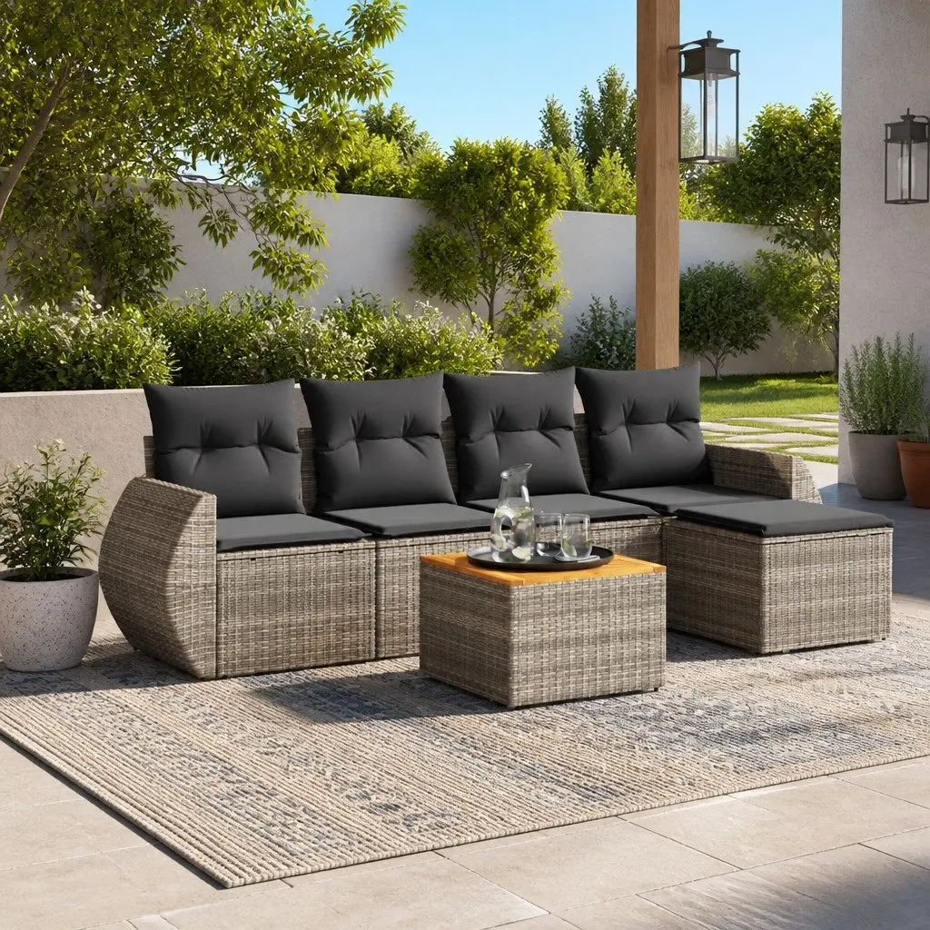 6-Piece Outdoor Grey Poly Rattan Sofa Set