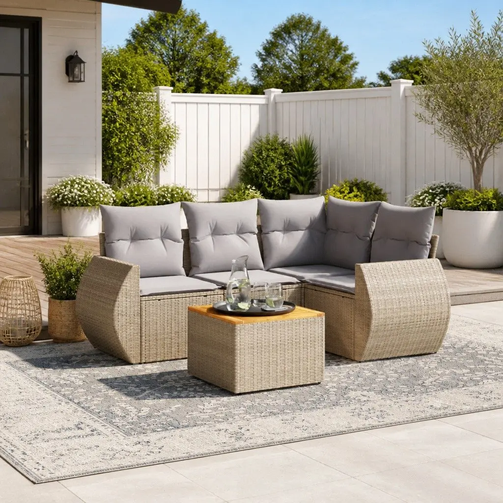 Garden Sofa Set PE Rattan 5 Piece Outdoor Furniture Patio Beige with Cushions