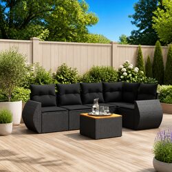 Premium Black Rattan 6 Piece Garden Sofa Set with Cushions