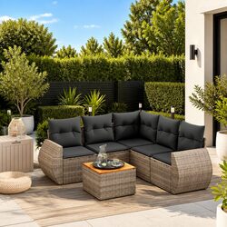 Durable 6 Piece Grey Rattan Garden Sofa Set with Storage