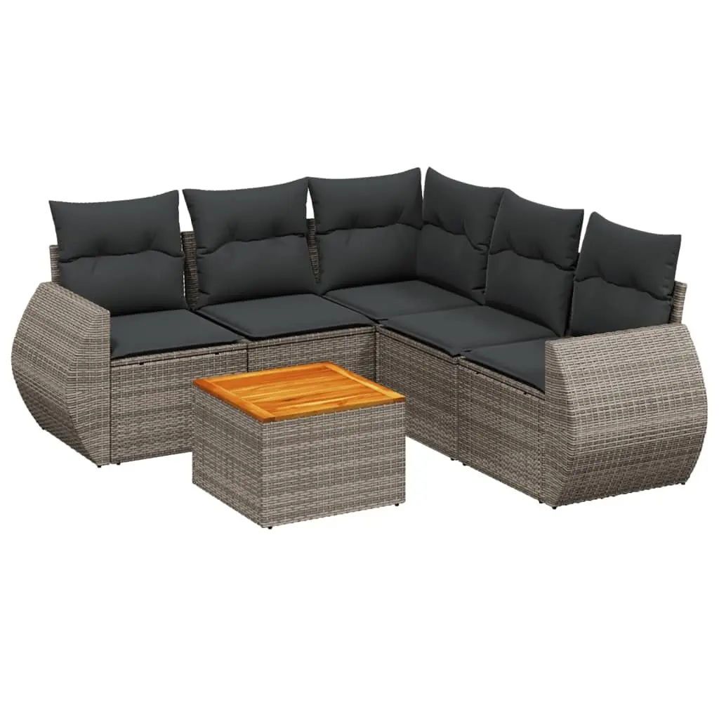 6 Piece Garden Sofa Set PE Rattan Acacia Wood Grey with Storage Cushions