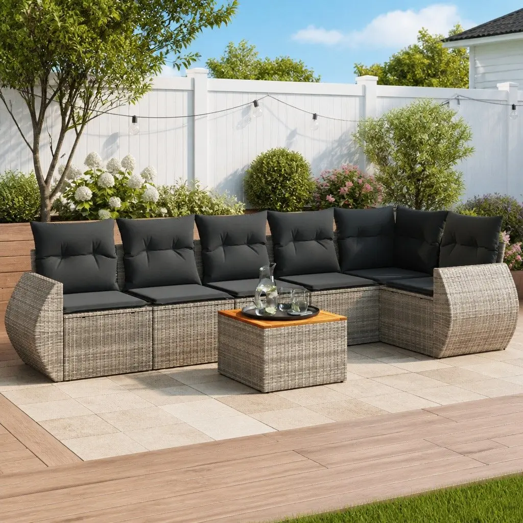 Garden Sofa Set PE Rattan 7 Piece Outdoor Furniture Grey with Acacia Wood Table and Cushions