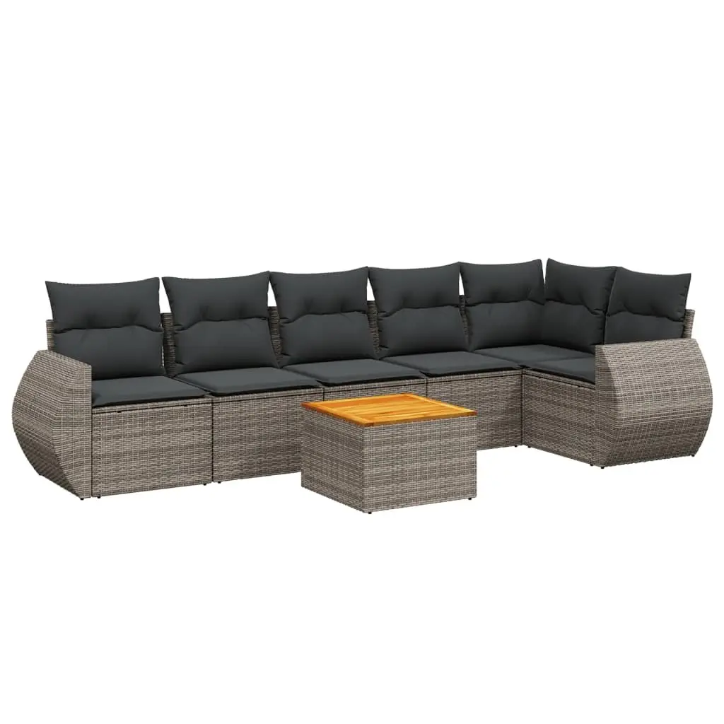 Garden Sofa Set PE Rattan 7 Piece Outdoor Furniture Grey with Acacia Wood Table and Cushions
