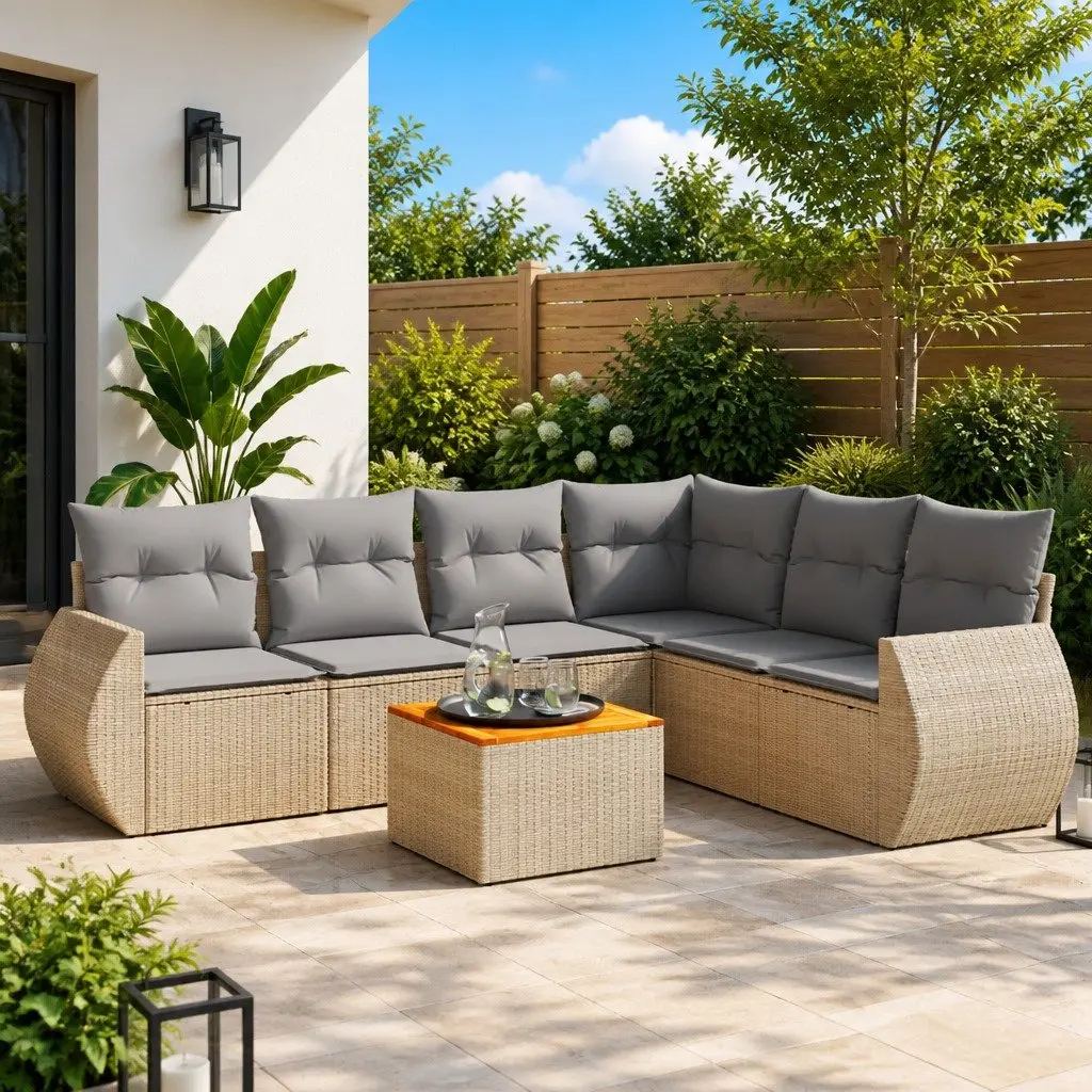 7 Piece Outdoor Sofa Set in Beige Poly Rattan