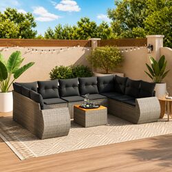 10-Piece Grey Poly Rattan Garden Sofa Set