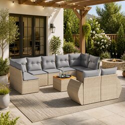 Beige Poly Rattan Garden Sofa Set 10-Piece Outdoor Furniture