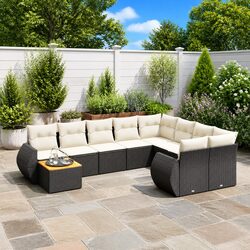10-Piece Modular Black Garden Sofa Set with Acacia Table