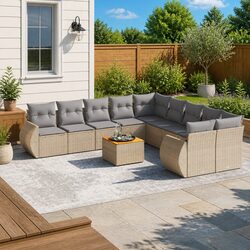 Beige 11-Piece Garden Sofa Set with Acacia Wood Table