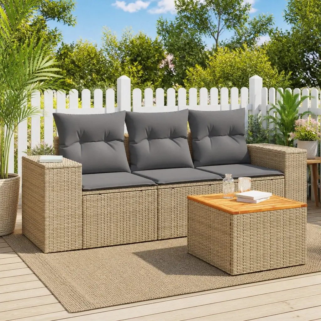 Beige 4 Piece Garden Sofa Set with Acacia Table Top