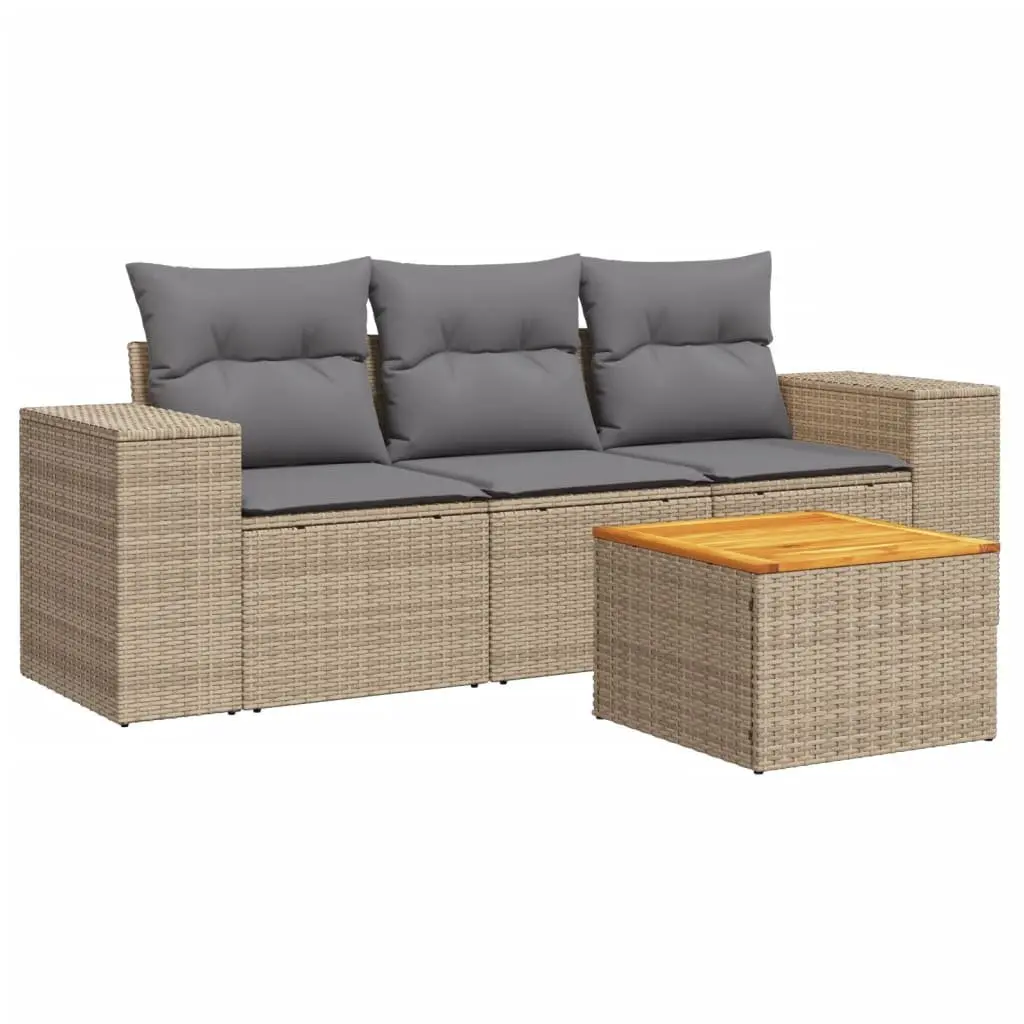 Beige 4 Piece Garden Sofa Set with Acacia Table Top