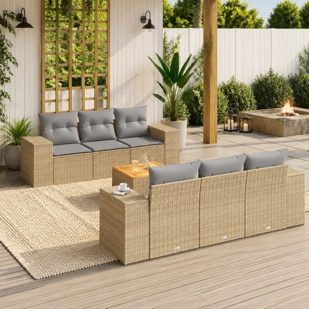 7 Piece Beige Garden Sofa Set with Cushions