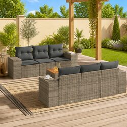7-Piece Grey Poly Rattan Garden Sofa Set
