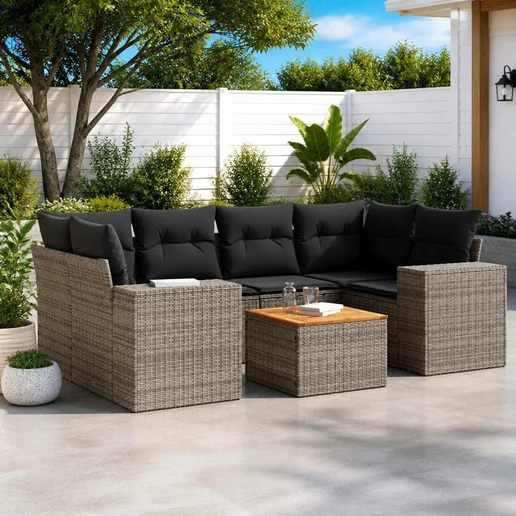 Garden Sofa Set PE Rattan 7 Piece Outdoor Furniture Grey with Acacia Wood Table and Padded Cushions