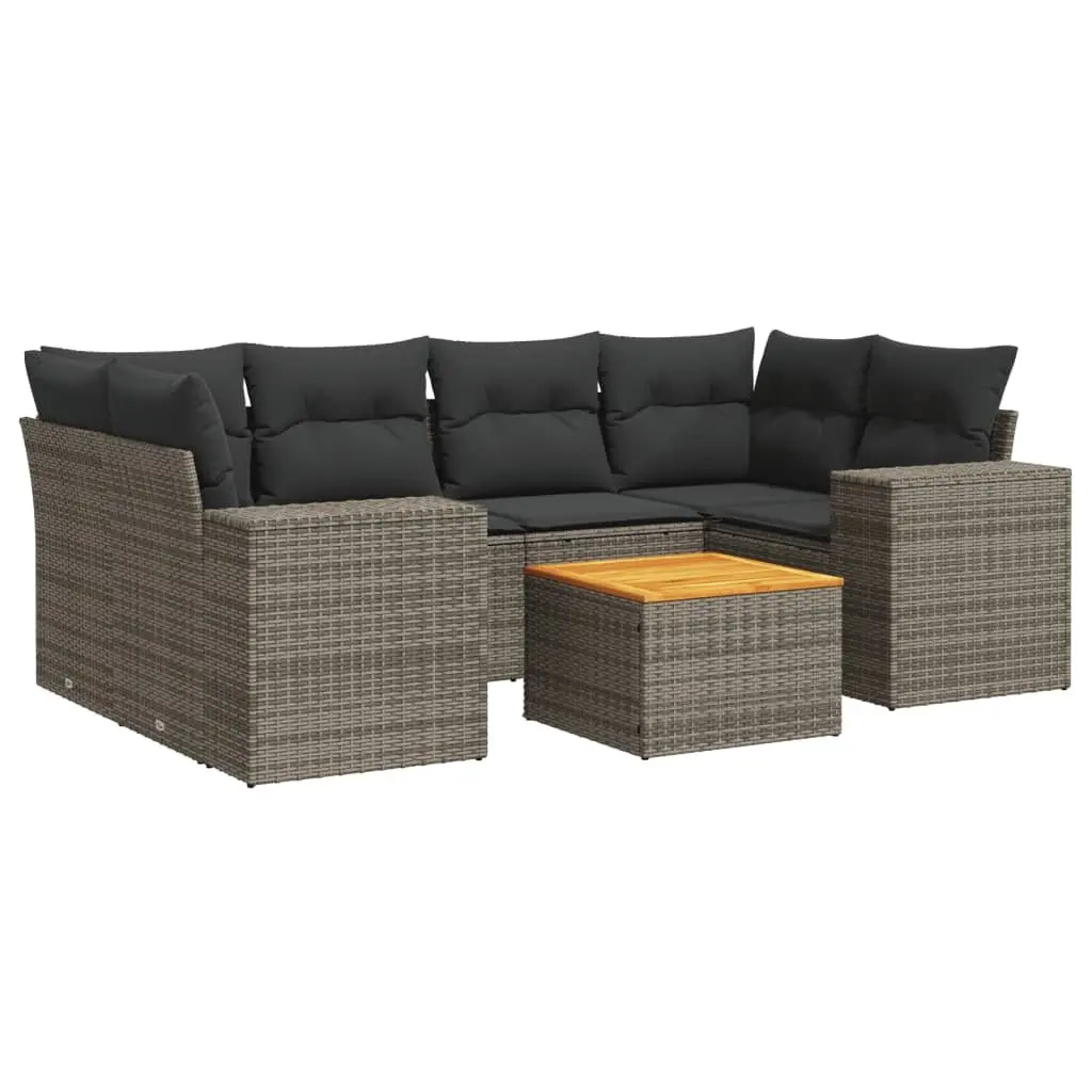 Garden Sofa Set PE Rattan 7 Piece Outdoor Furniture Grey with Acacia Wood Table and Padded Cushions
