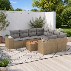 Beige Poly Rattan 9 Piece Garden Sofa Set with Cushions