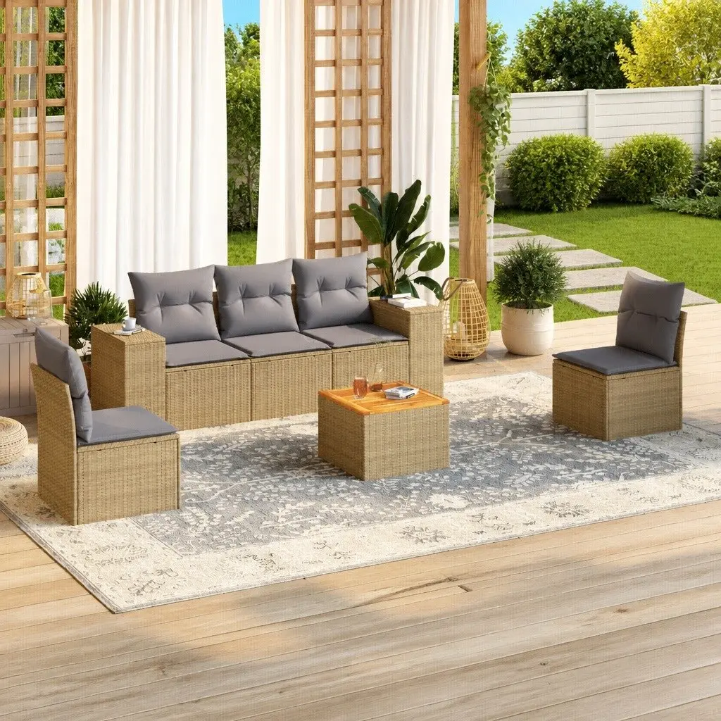 Beige Poly Rattan 6-Piece Garden Sofa Set for Outdoor Use