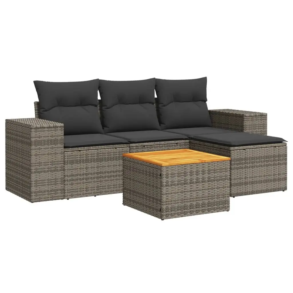 5 Piece Garden Sofa Set PE Rattan Grey with Cushions