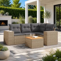 Durable 5 Piece Beige Rattan Garden Sofa Set with Storage