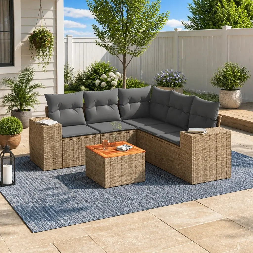 Beige Poly Rattan 6-Piece Modular Garden Sofa Set