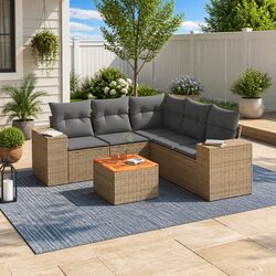 Beige Poly Rattan 6-Piece Modular Garden Sofa Set