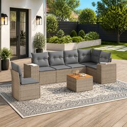 Durable 7 Piece Beige Garden Sofa Set with Cushions