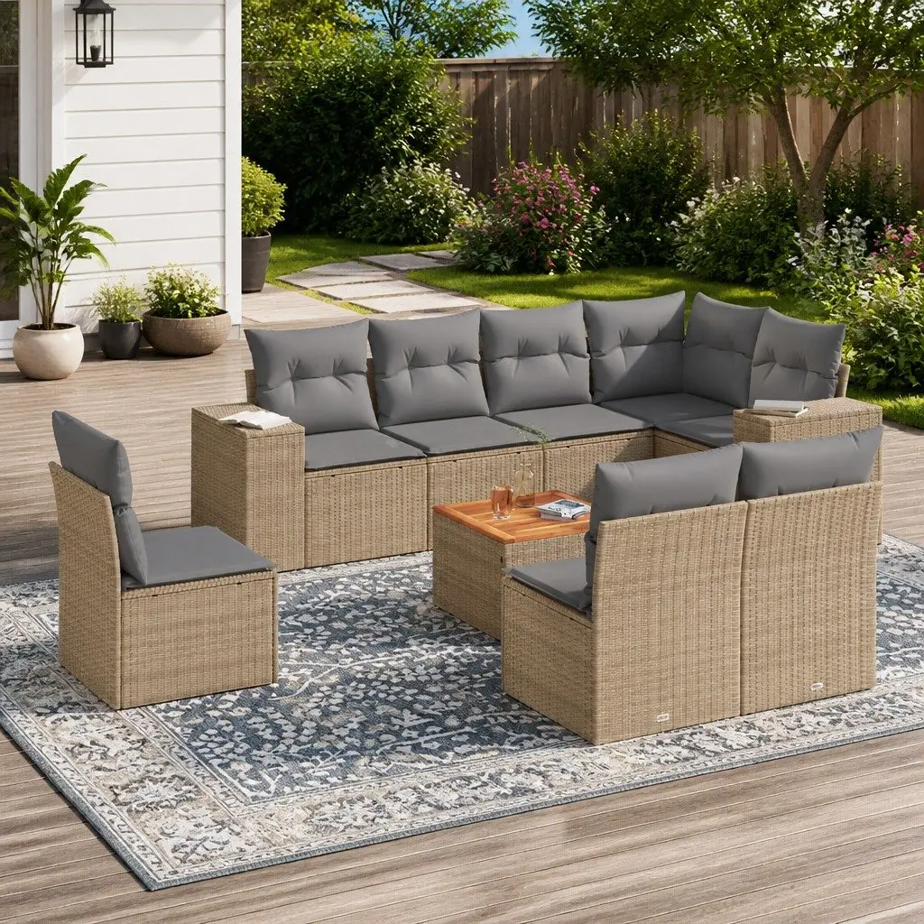 9 Piece Garden Sofa Set PE Rattan Beige Outdoor Furniture Acacia Wood Table
