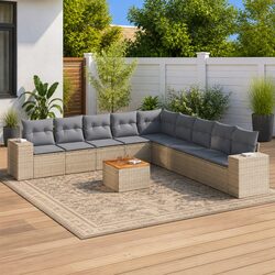 Beige Poly Rattan 10 Piece Garden Sofa Set with Cushions