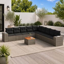 10-Piece Grey Poly Rattan Garden Sofa Set