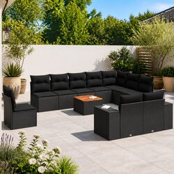 Modular Black Poly Rattan Garden Sofa Set with Acacia Table