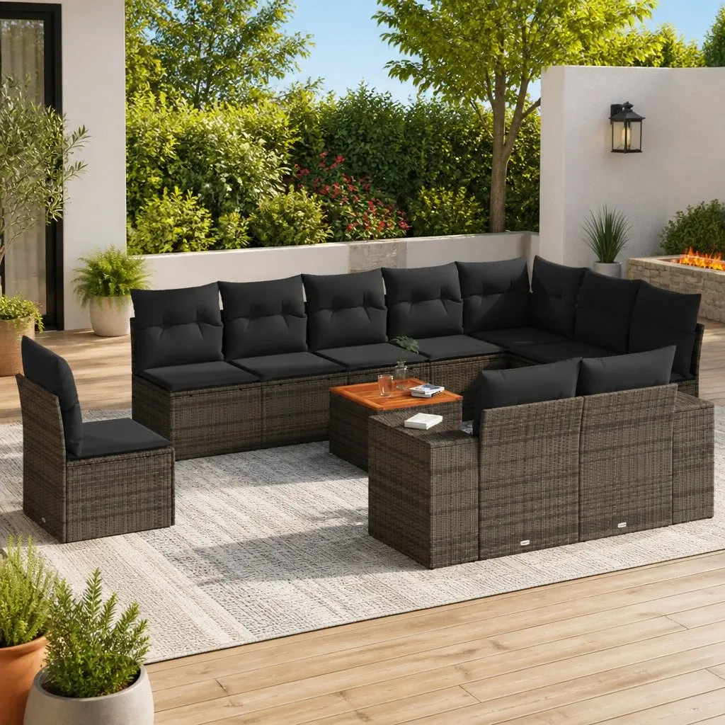 Garden Sofa Set PE Rattan 11 Piece Modular Outdoor Furniture Grey with Cushions