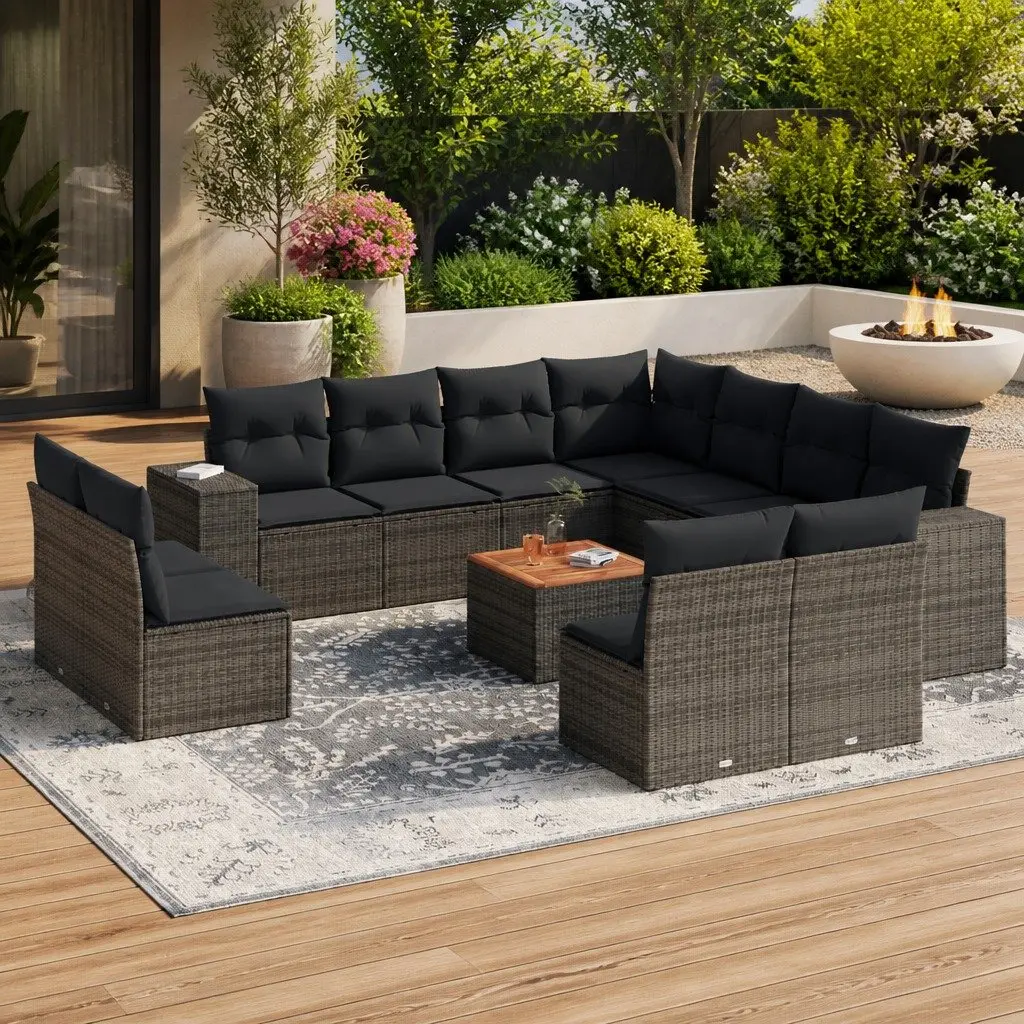 12-Piece Grey Poly Rattan Garden Sofa Set