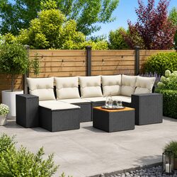 7 Piece Garden Sofa Set with Cushions and Storage Black Poly Rattan Outdoor
