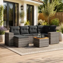 7 Piece Grey Poly Rattan Garden Sofa Set with Cushions