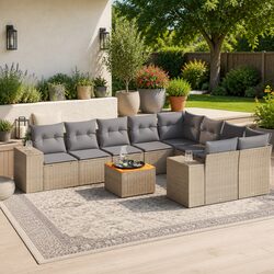 10-Piece Beige Poly Rattan Garden Sofa Set