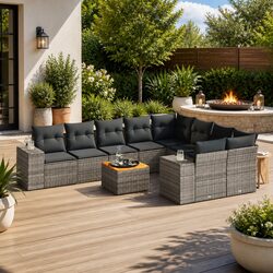 Durable 10-Piece Grey Poly Rattan Outdoor Sofa Set