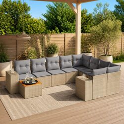 Beige 10-Piece Garden Sofa Set with Cushions and Storage