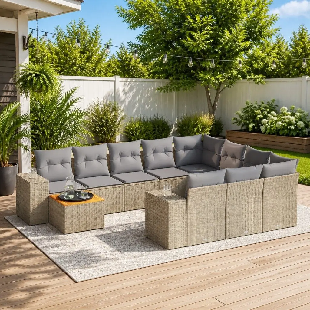 Garden Sofa Set PE Rattan 11 Piece Outdoor Furniture Beige Acacia Wood Table