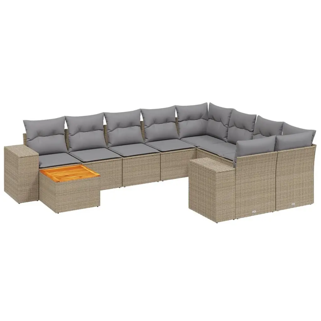 Garden Sofa Set PE Rattan 11 Piece Outdoor Furniture Beige Acacia Wood Table