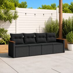 4-Piece Black Poly Rattan Outdoor Garden Sofa Set