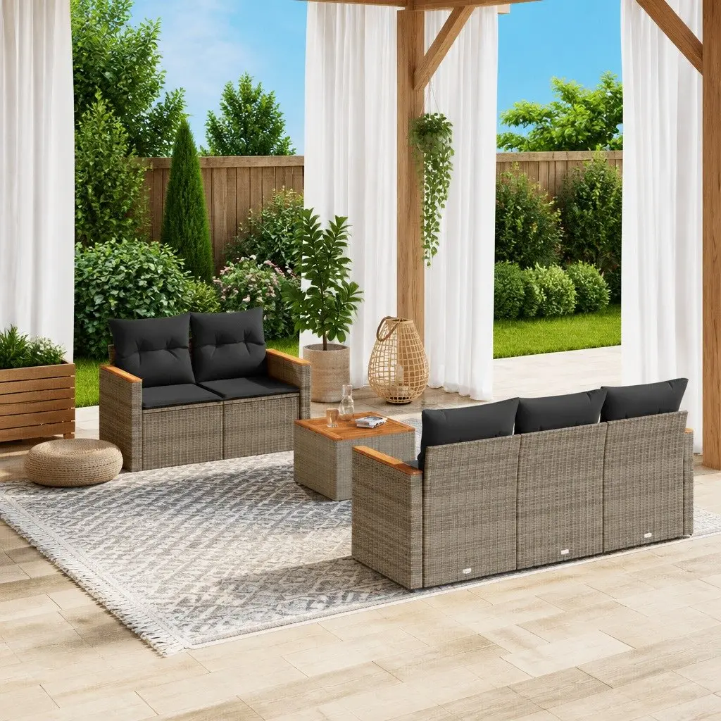 6-Piece Grey Poly Rattan Garden Sofa Set with Storage