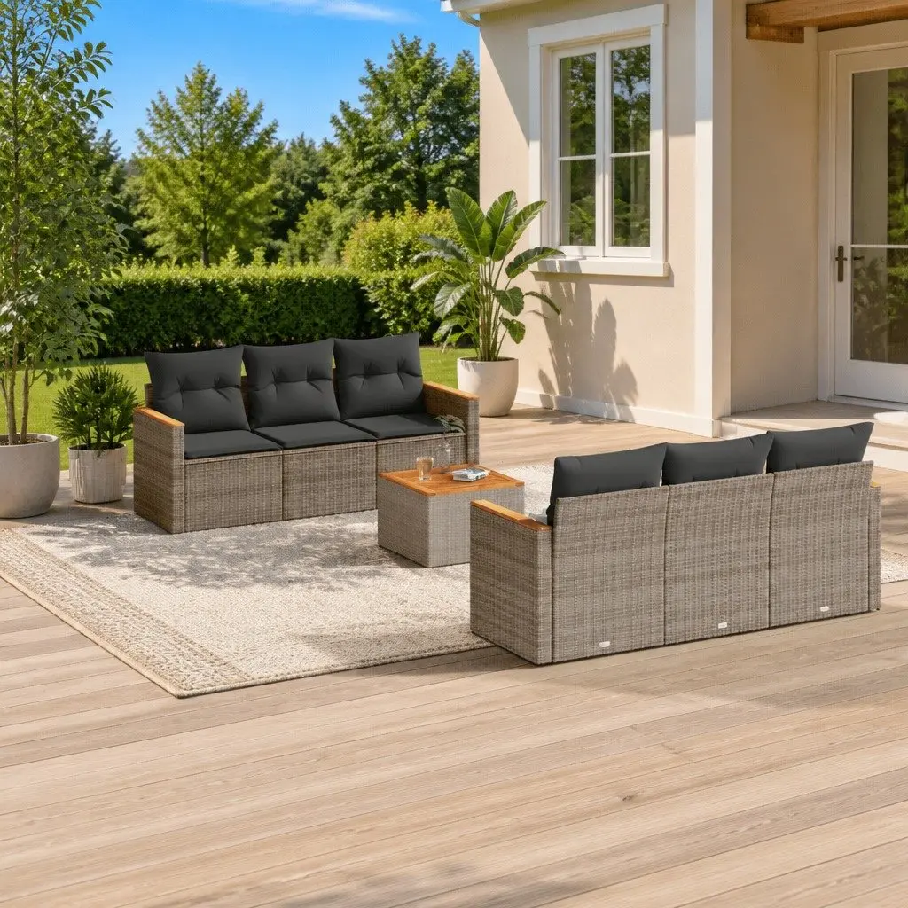 7-Piece Grey Poly Rattan Garden Sofa Set with Cushions