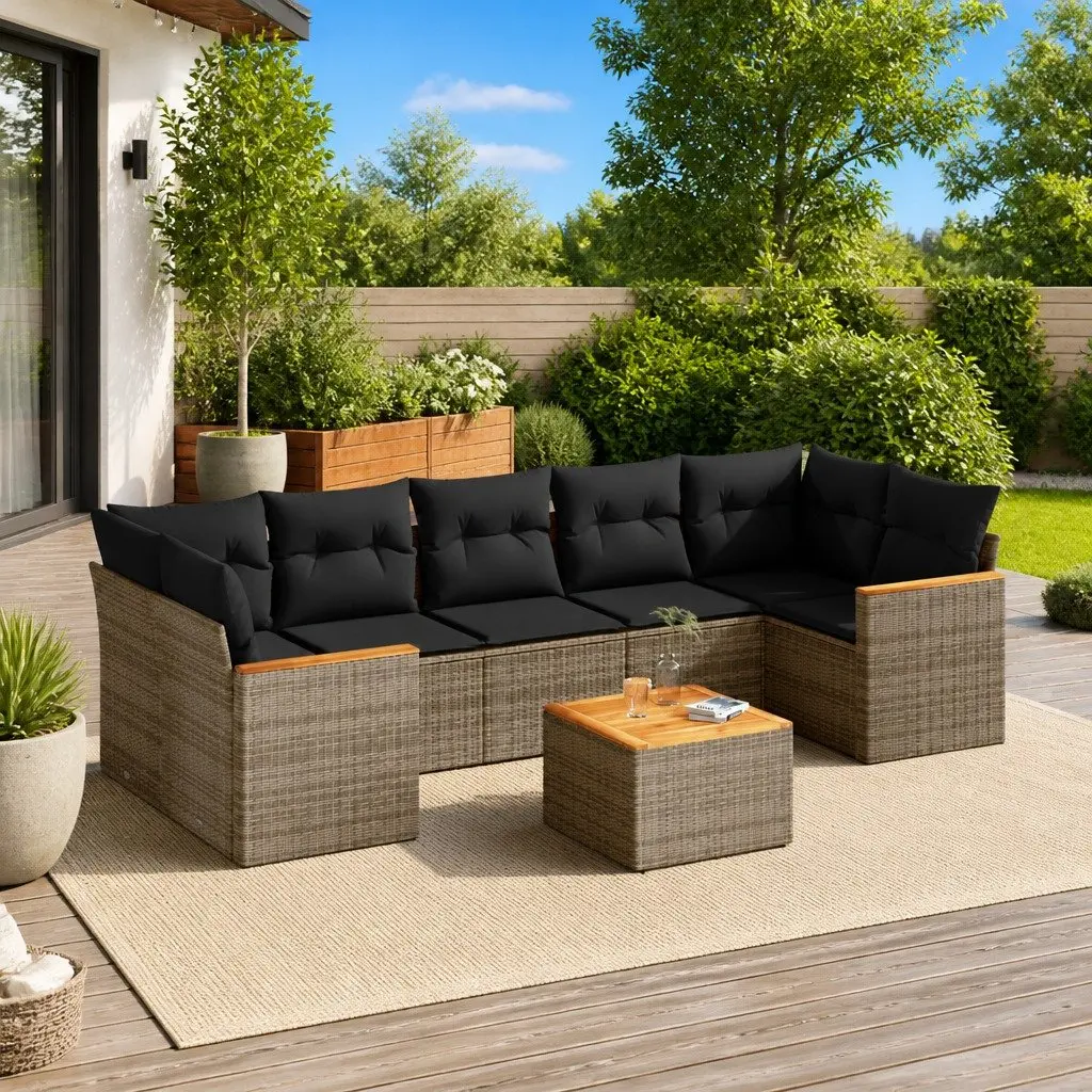 Garden Sofa Set PE Rattan 8 Piece Outdoor Furniture Grey Patio Seating